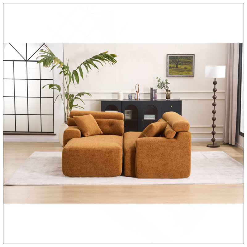Canapé modulaire convertible en méridienne convertible, canapé modulaire en éponge à compression complète pour le salon en appartement, 3 places orange avec chenille grain de bois, 2 coussins inclus, L 86 po