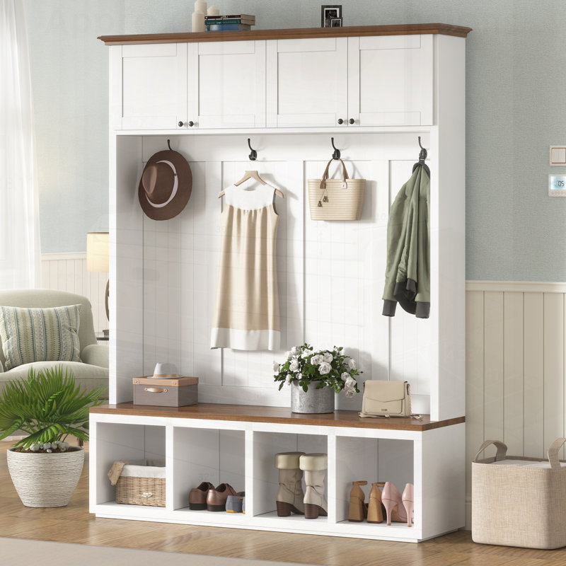 Entryway Hall Tree with Bench and Storage, Farmhouse Wood-grain Accent 4-in-1 Organizer for Coats, Shoes, and More