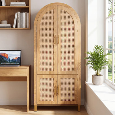 71" Tall Arched Pantry Cabinet with Rattan Doors & Adjustable Shelves