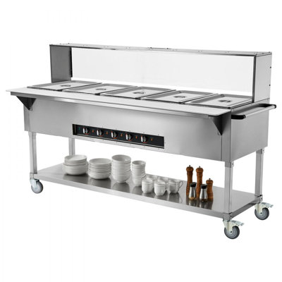 Chauffe-plat commercial à 5 plateaux, table à vapeur électrique 5 x 20,6 pte, chauffe-plat professionnel de 3750 W avec protège-éternuement en acrylique, desserte en acier inoxydable de qualité alimentaire pour restaurant de fête