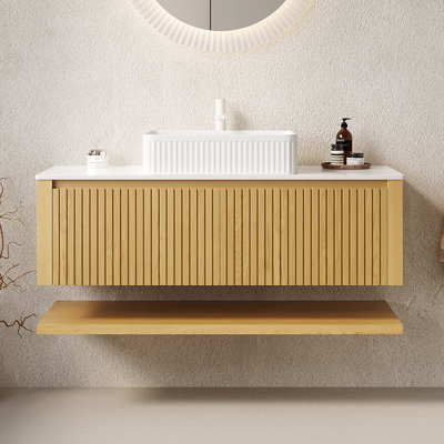 48" Wall-Mounted Plywood Bathroom Storage Cabinet With 2 Drawers And Open Shelf, White Sintered Stone Countertop And Ceramic Basin