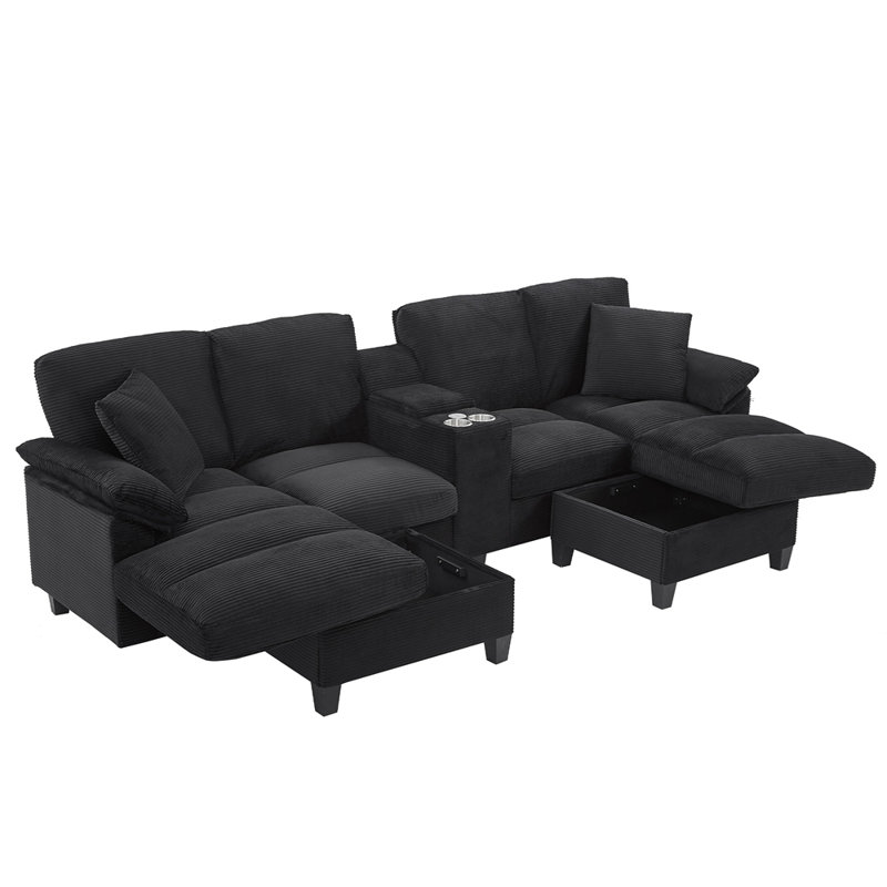 Canapé modulaire moderne en forme de U avec canapé rembourré en velours côtelé de 116,9 po avec repose-pieds, porte-gobelets et ports USB