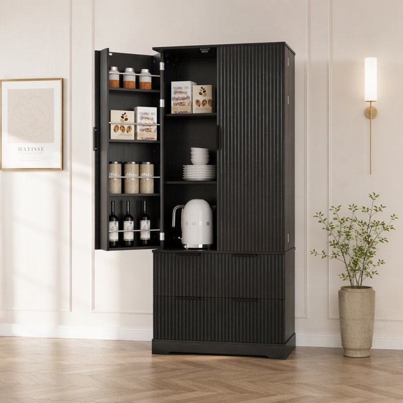 Armoire de cuisine moderne cannelée avec 2 grands tiroirs et 8 étagères à épices, organisateur de rangement autoportant pour salle de bain, salle à manger, bureau, entrée