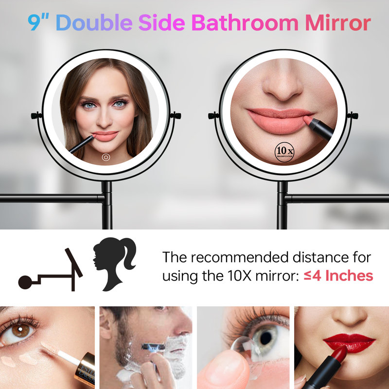 Miroir de maquillage mural à DEL de 9 po avec grossissement X1 / X10, miroir de maquillage à 3 lumières DEL
