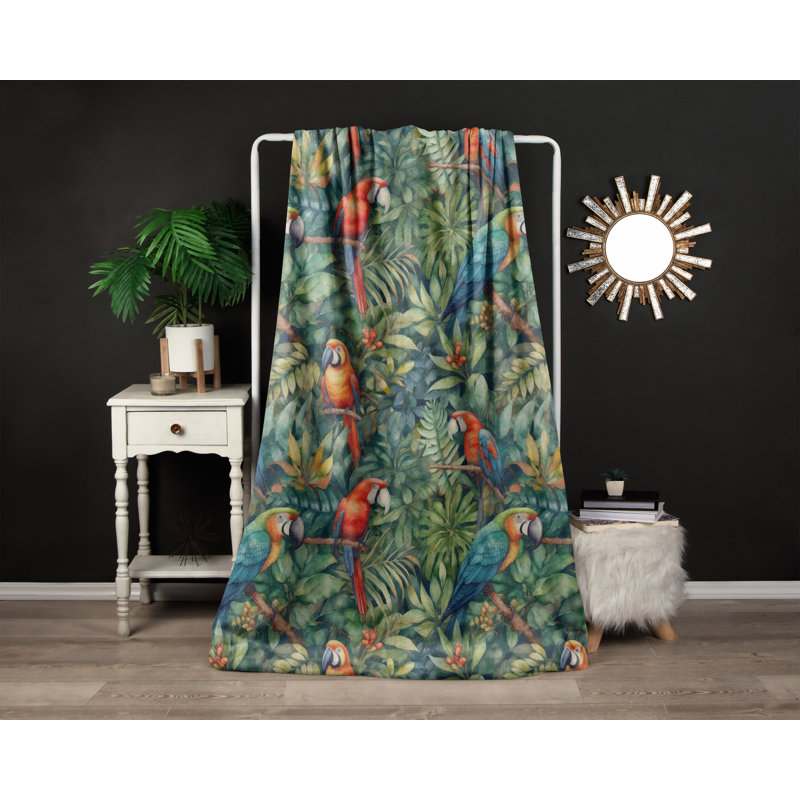 Throw Blanket, 68" W x 80" L, Animal Print/Floral, Orange/Green/Blue