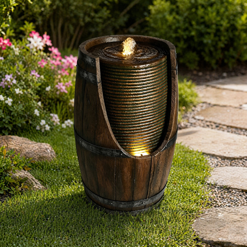 Outdoor Water Fountain with Warm LED Lights, 24.8" Resin Barrel Garden Fountain, Weathered Oak Brown