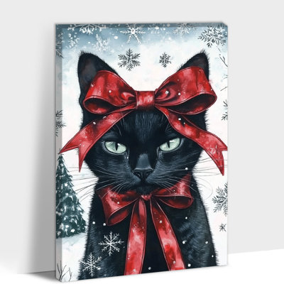 «Large Cat with Red Bow Abiella», reproduction d'art festive, affiche de scène de flocon de neige pour les fêtes, la ferme, la cuisine, la salle de bain et le décor du salon, 18 po x 24 po