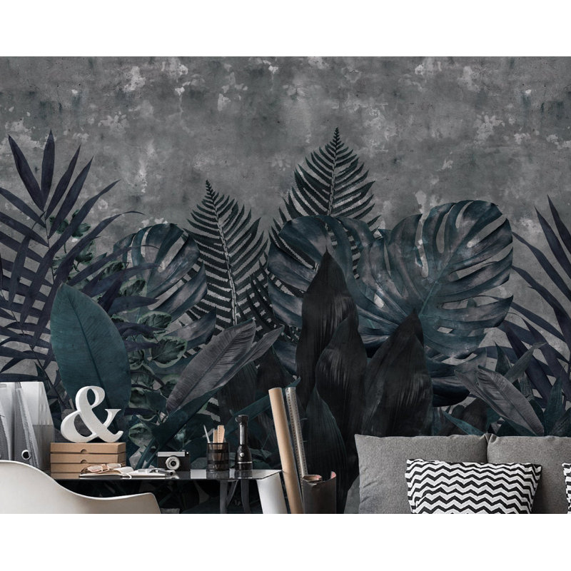 Papier peint amovible feuilles tropicales anthracite vert foncé, L 9 po x l 15 po