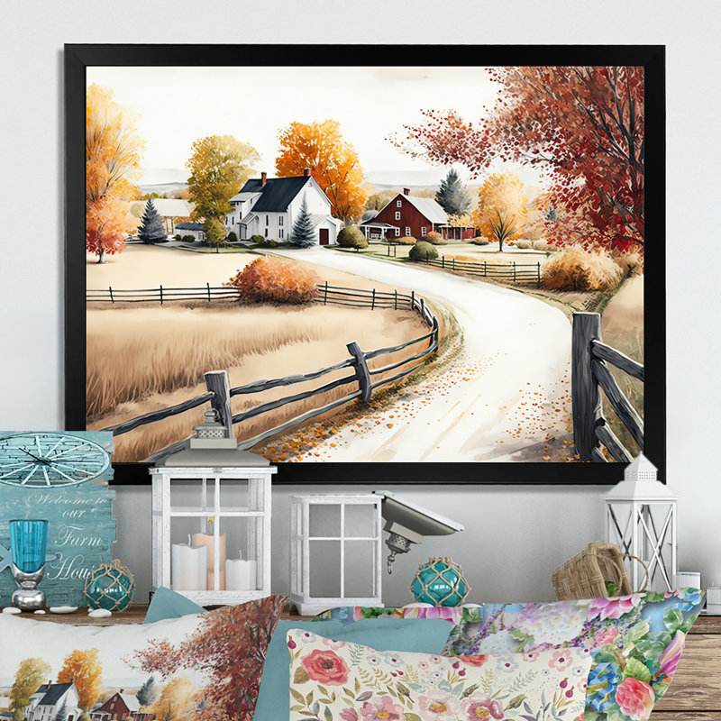 Chemin vers la grange III - art mural paysage de grange, Cadre noir, H 12 po x l 20 po x P 1 po