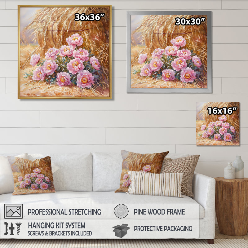 Pivoines près de la meule de foin - pivoines, art mural, H 30 po x l 30 po, Reproduction encadrée d'une seule photo