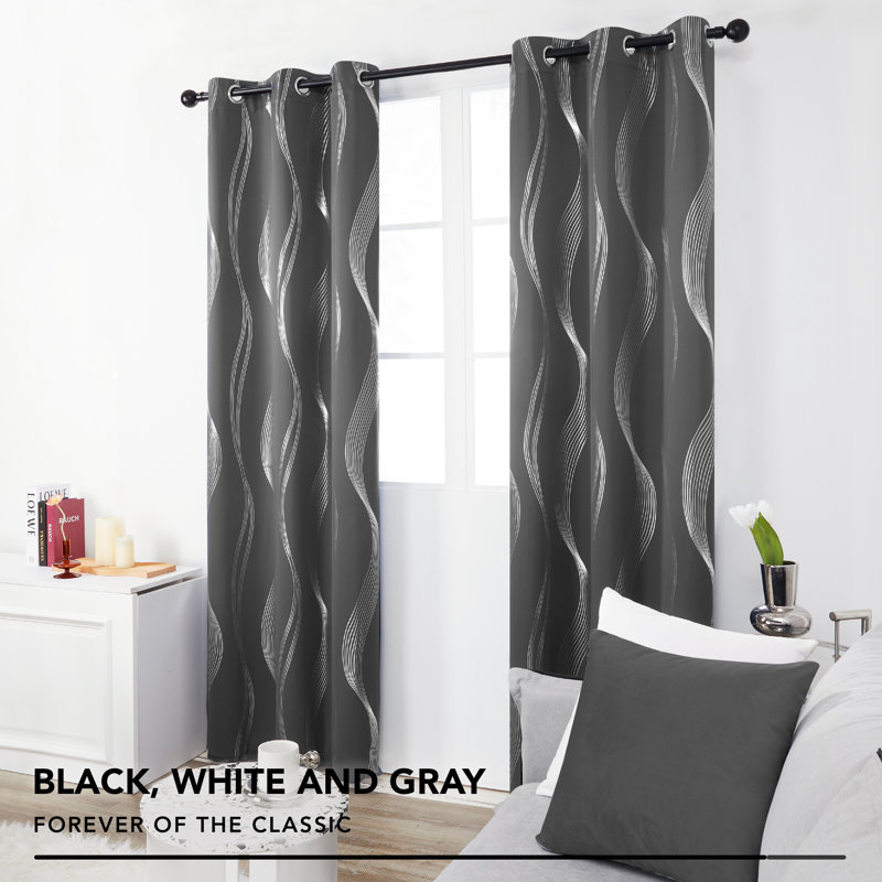 Spurgh Sliver Wave Foil Print Blackout Thermal Grommet Curtain Panels (Set of 2), 42" W x 54" L, Dark Gray