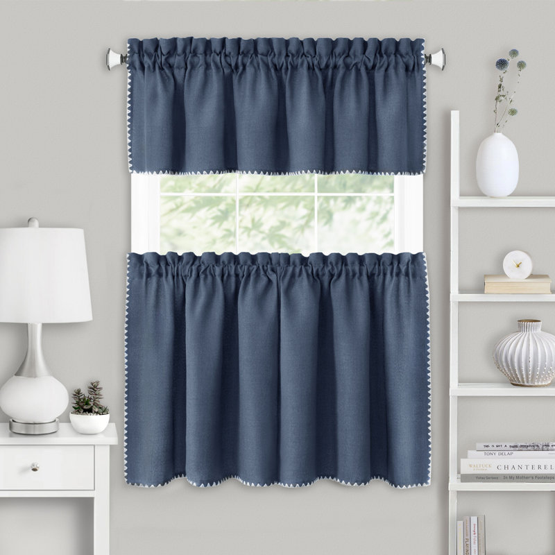 Tailored 58'' W Kitchen Curtain, Blue/White, 24" W x 58" L