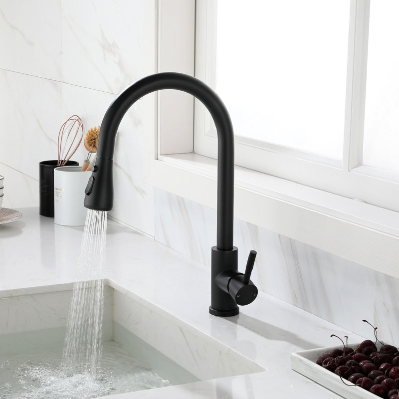 Elegant Kitchen Sink Faucet With Pull-Out , Matte Black Stainless Steel, Creates A Sophisticated Atmosphere Steel Spray, Simple And Contemporary Design For Kitchens