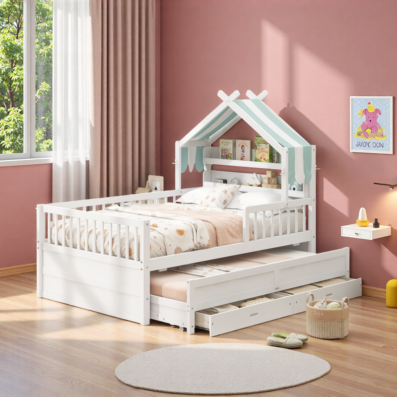 Lit maison avec lit gigogne, tablettes de tête de lit et tiroirs de rangement, Lit simple, Blanc