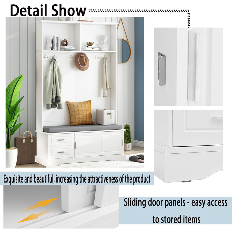 Hall Tree With Storage,Entryway Hall Tree With Bench And Doors,Hall Tree With Bench And Shoe Storage For Home, White