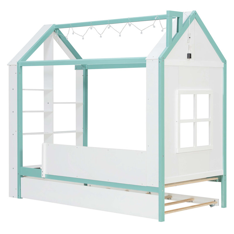 Structure de lit House avec lit gigogne escamotable, tablettes de rangement à queue et lumières DEL blanc froid, Lit simple