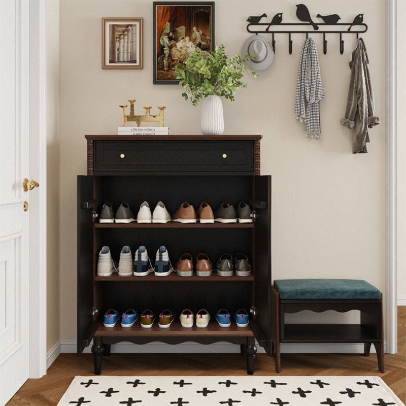 Petite armoire de rangement à chaussures de style français, Noir/noyer