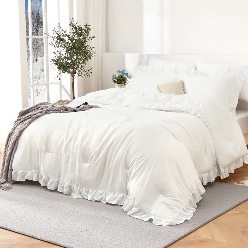 3 Piece Pink Ruffled Comforter Set, Soft Microfiber All Season Bedding, Vintage French Country Style, White