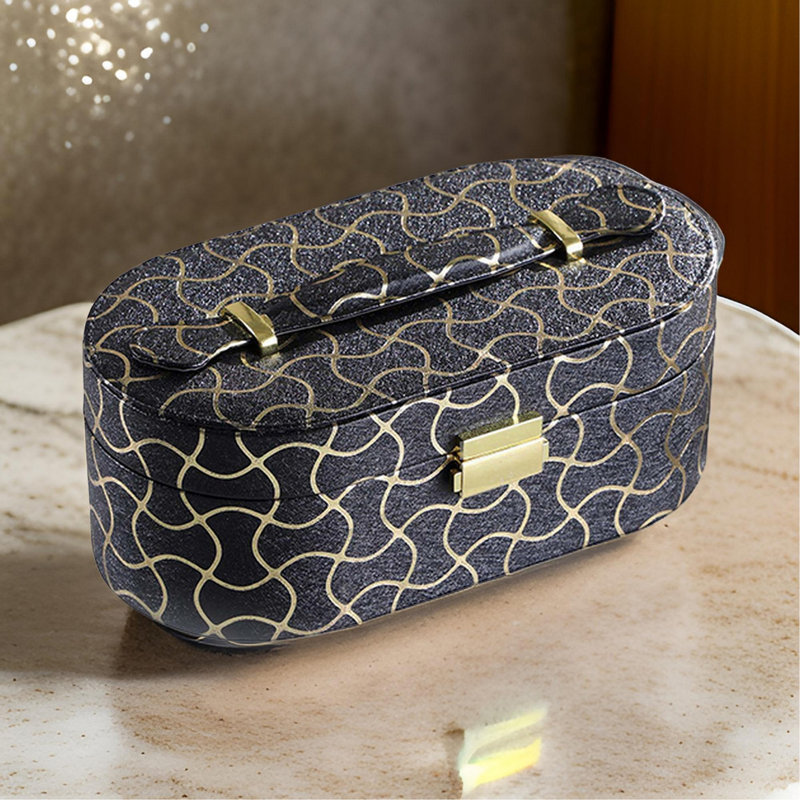 Boîte à bijoux de voyage avec 2 fentes en demi-cercle et motif ondulé, noir