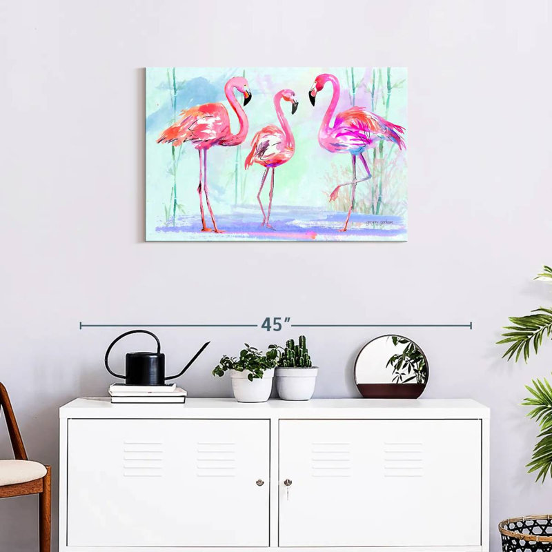 Trio flamant rose Brampt sur fond bleu, H 20 po x l 30 po
