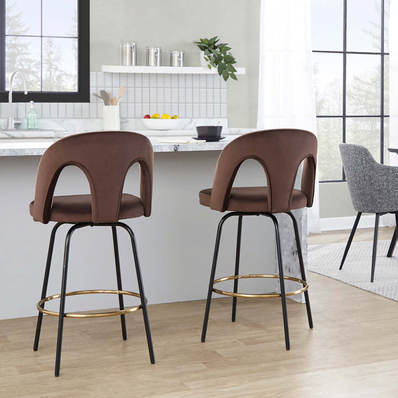Tabouret de bar contemporain pivotant à hauteur fixe avec repose-pieds rond - ensemble de 2, Noir; or