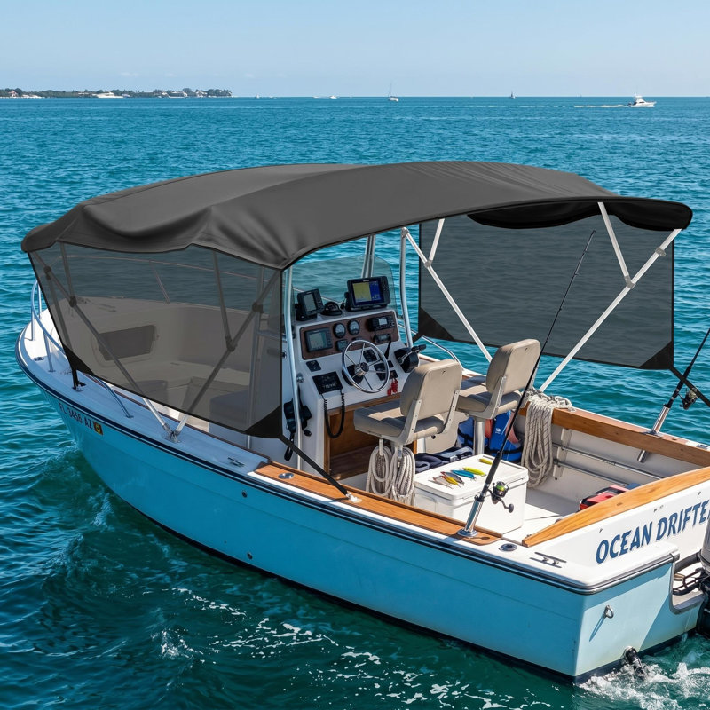 Housse de protection solaire 600D avec rideaux latéraux amovibles pour bateaux (cadre non inclus), Noir