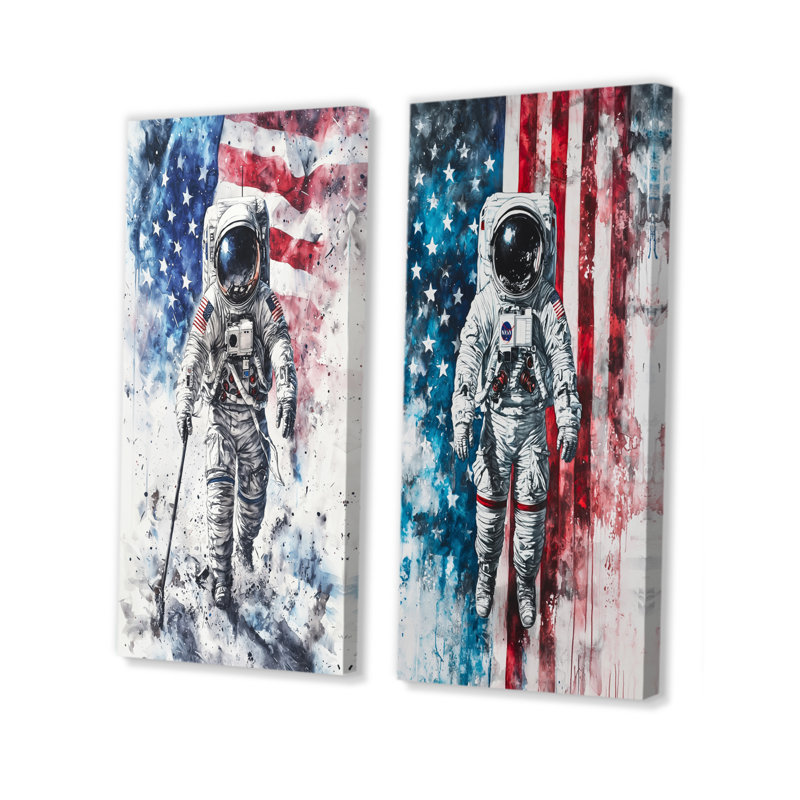 Premier astronault dans l'espace avec le drapeau américain I - Paysages, art mural 2 panneaux, Toile tendue