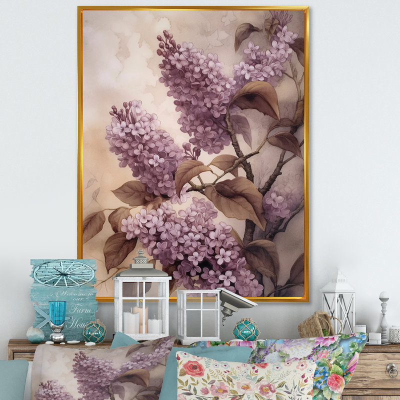Lilas mauves parfumés III, H 20 po x l 12 po x P 1 po, Toile dorée