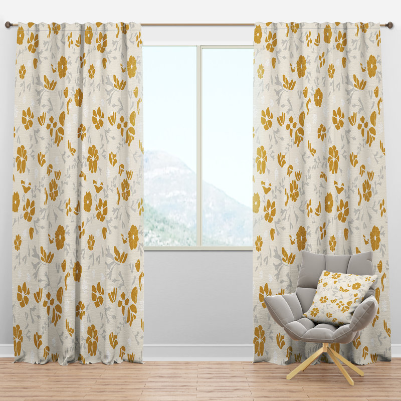 Retro Handdrawn Poppies III - Mid-Century Curtain - Velvet Room darkening - 1 panel, 52"W x 90"L