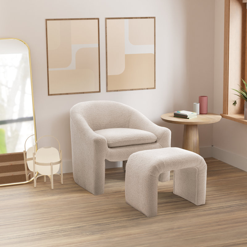 Ceard Upholstered Boucle Barrel Chair With Footstool, White