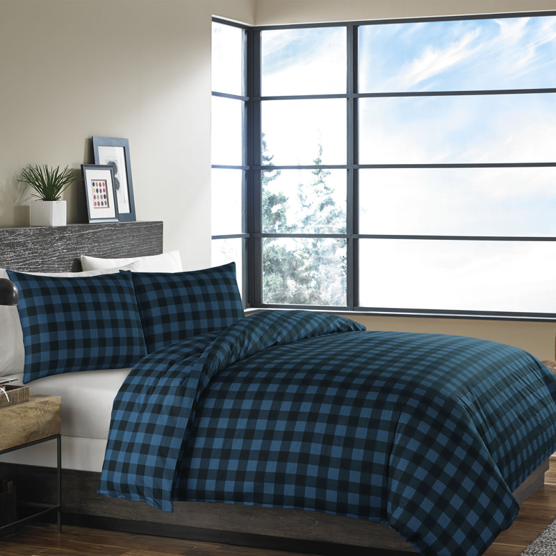 Fairview Mountain Plaid Dusted Comforter Set, Black/Bright white, Full/Queen Comforter + 2 Shams