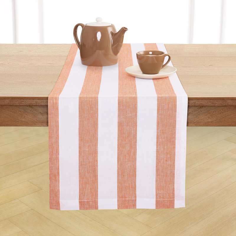 Cabana Stripe - 100% Pure Linen Table Runner, 48" x 14", Orange/White