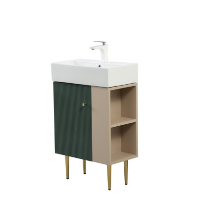 Base de meuble-lavabo de 21,6 po, conception de tablette ouverte, fabriquée en bois massif et en céramique, portes d'armoire à fermeture en douceur, revêtement imperméable, détails dorés élégants à droite, fermeture en douceur silencieuse, pieds enduits