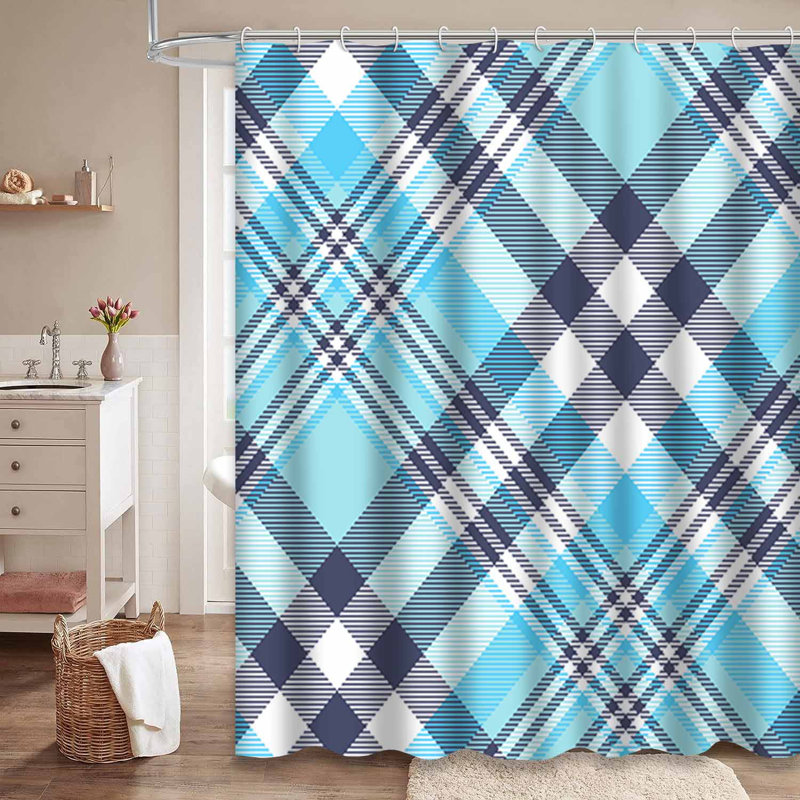 Rideau de douche à carreaux bleu et blanc avec 12 crochets, L 72 po x l 72 po