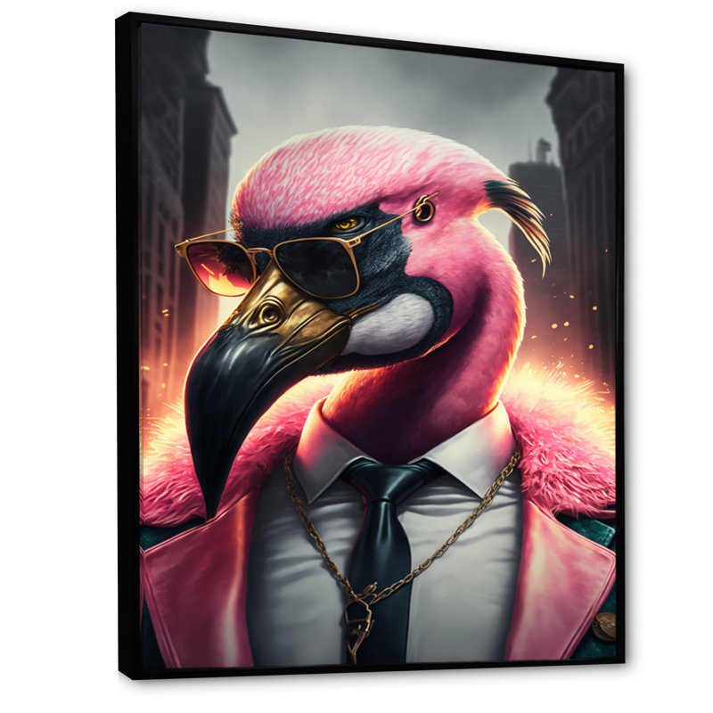 «Flamingo Gangster in NYC II», peinture sur toile, H 40 po x l 30 po x P 1,5 po, Toile avec cadre flottant noir
