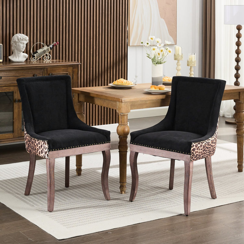 Cesar Of 2 Ultra Side Leopard Print Dining Chairs With Decorative Rivets, High - Quality Fabric, And Solid Rubberwood Legs Modern Mid Century Chairs, Strong Support