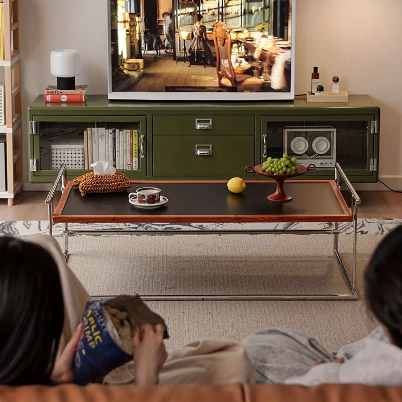 Table basse Flip avec plateau en stratifié massif, bordure en bois de frêne et structure en acier inoxydable
