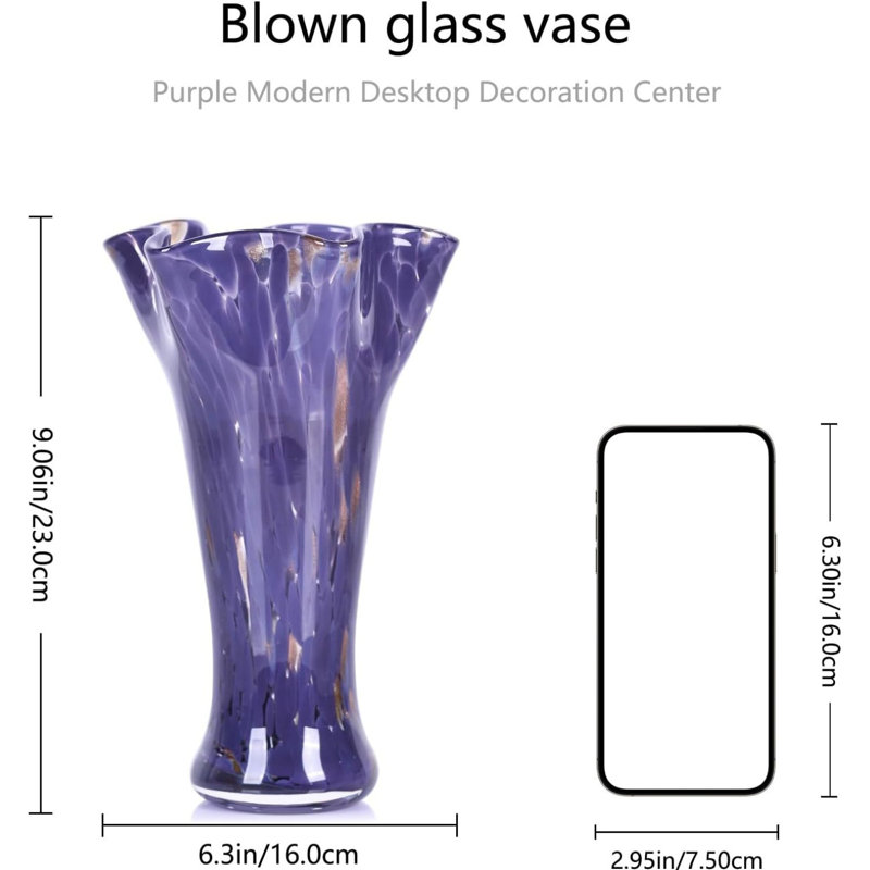 Vase en verre mauve soufflé à la main, vase à fleur large de 9 pouces