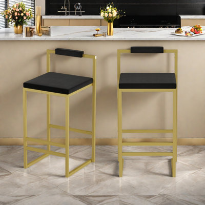 Set Of 2 Modern Bar Stools With Velvet Cushions And Metal Legs