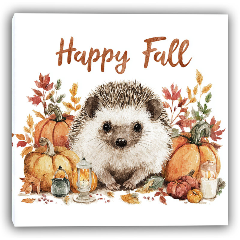 «Happy Fall Hedgehog with Pumpkins and Lanterns», art mural sur toile tendue