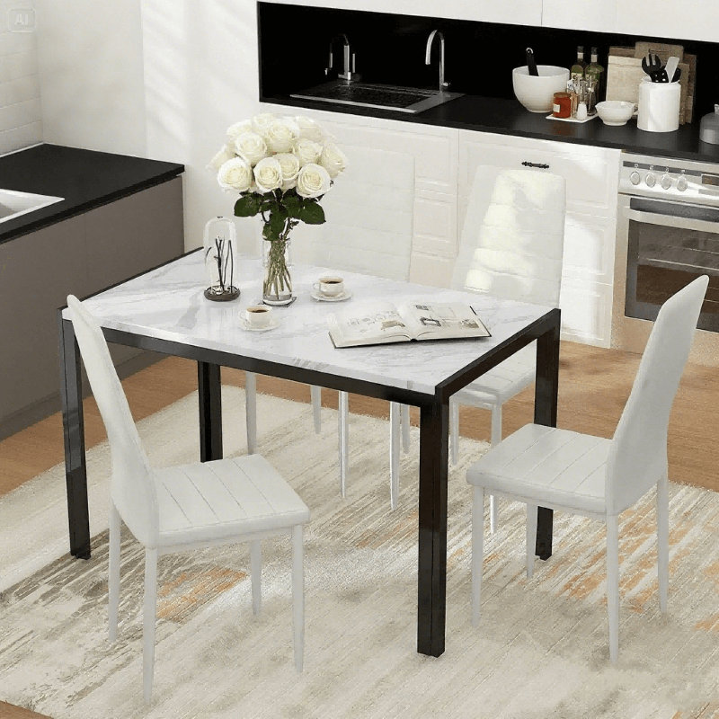 Ensemble de table de salle à manger 5 pièces pour 4 personnes, table de salle à manger rectangulaire moderne en faux marbre avec 4 chaises rembourrées en polyuréthane, table de cuisine compacte et chaises pour petits espaces