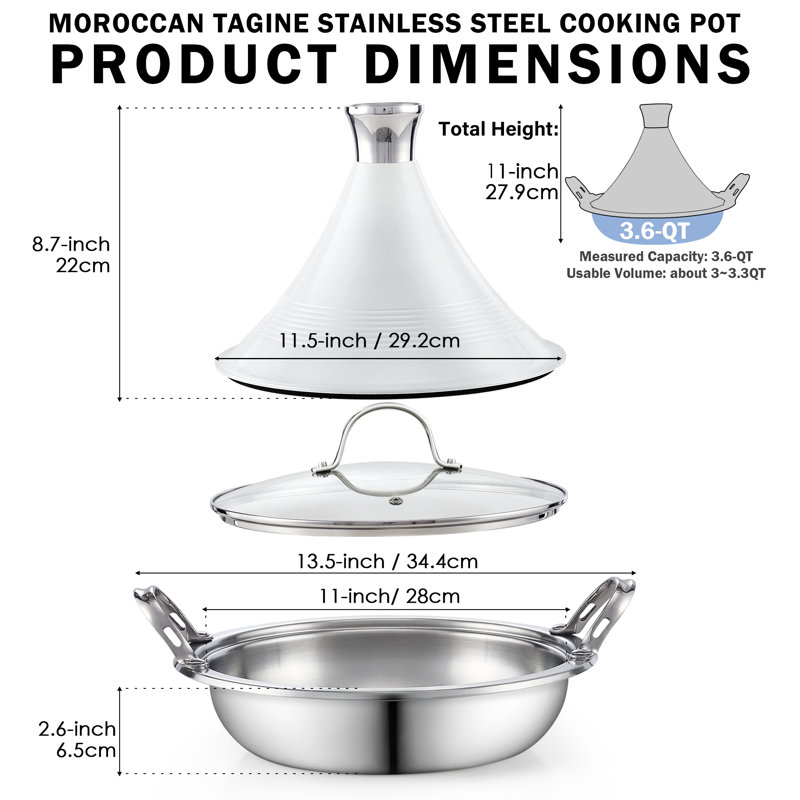 Pot à tajine marocain en acier inoxydable plaqué multi-plis standard de 11 pouces de 3,6 pintes Cooks de Cooks