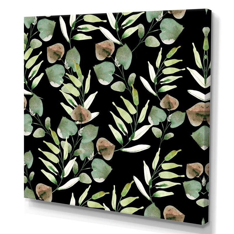 Feuilles tropicales vertes sur fond noir - peinture sur toile, H 36 po x l 36 po x P 1 po, Toile tendue