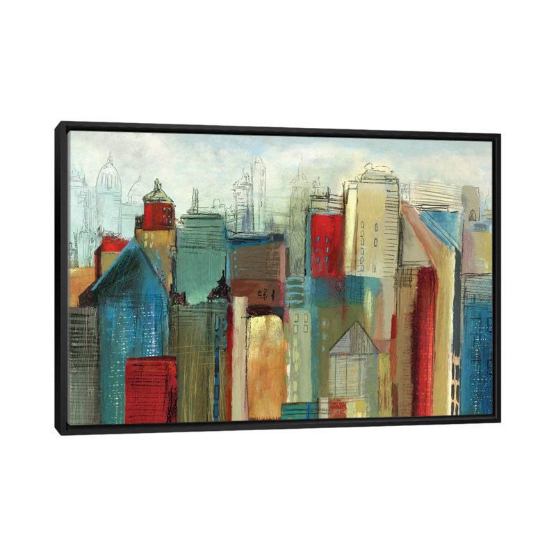 «Sunlight City», reproduction sur toile, H 18 po x l 26 po x P 1,5 po, Toile avec cadre noir, Pas de tapis