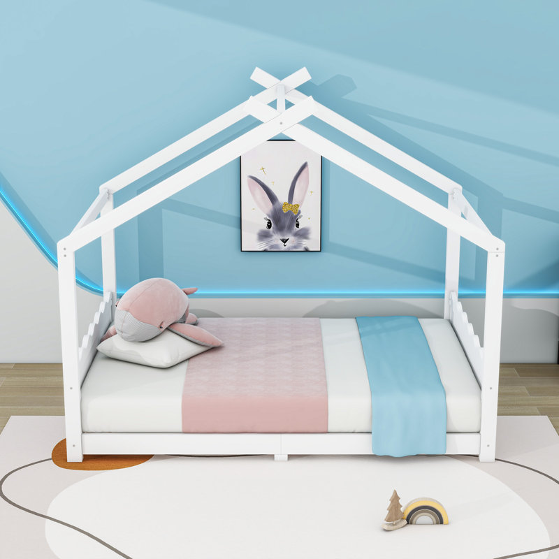 Wood House Floor Bed With Slats, Full, White