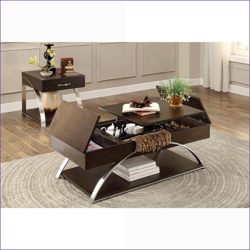 Table basse à plateau relevable en bois espresso et chrome pour le salon, rangement caché