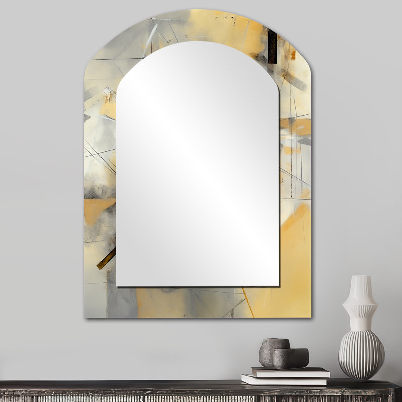 Yellow And Grey Beyond The Canvas II - Abstract Painting Arch Large Wall Mirror, Modern Asymmetrical Unique Mirror, Printed Metal Art
