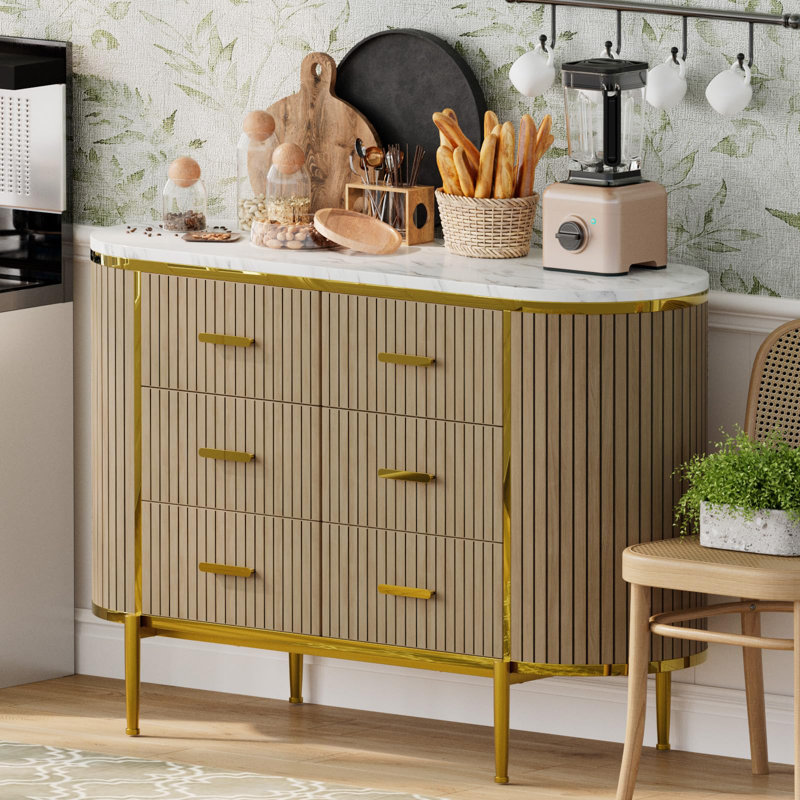47.2" Fluted 6 Drawer Dresser, Mid Century Modern Wood Chest with Curved Design & Gold Handles, Natural