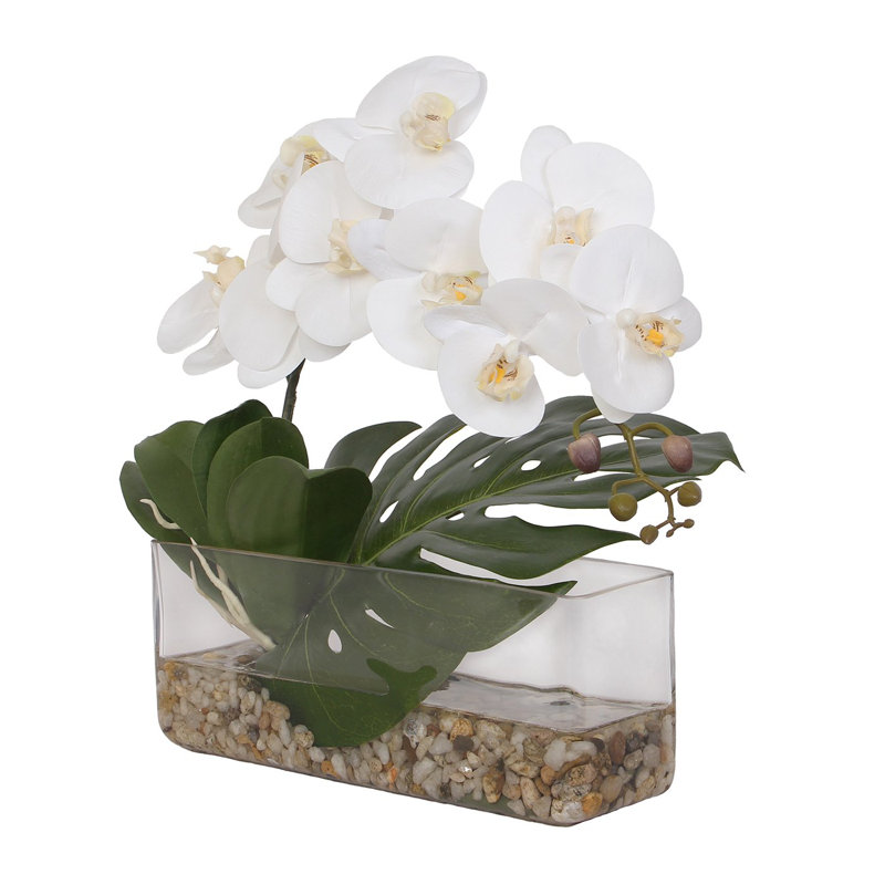 Real Touch White Phalaenopsis Orchid And Artificial Philo Leaf With Natural Pebbles Mix With Artificial Water In Glass Vase