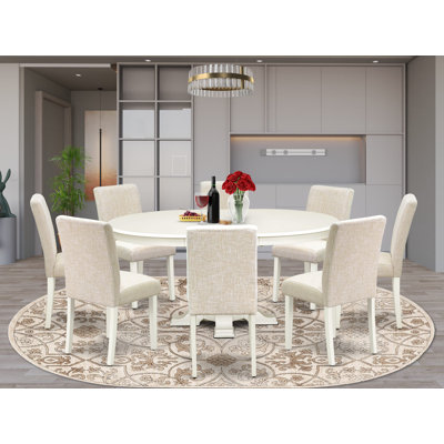 L'ensemble de salle à manger 9 pièces Mid Century comprend une table de salle à manger avec un plateau rond et 8 chaises en tissu de lin à haut dossier, blanc lin
